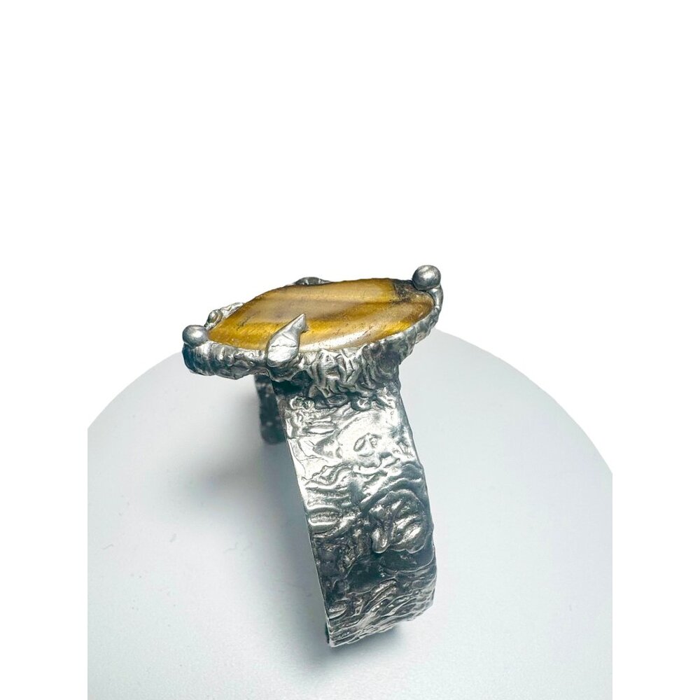 Handcrafted Brutalist Silver Bracelet W Tigers Eye Cabochon Stone Adjustable Fit - Picture 7 of 14
